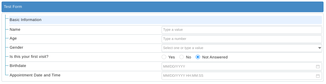 A sample questionnaire that uses input types such as text, integer, date and datetime