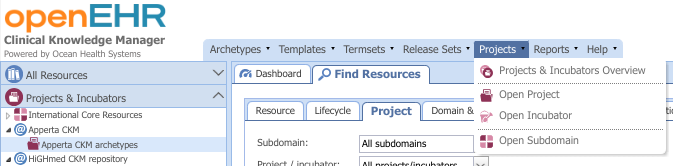 Top Menu Bar > Projects