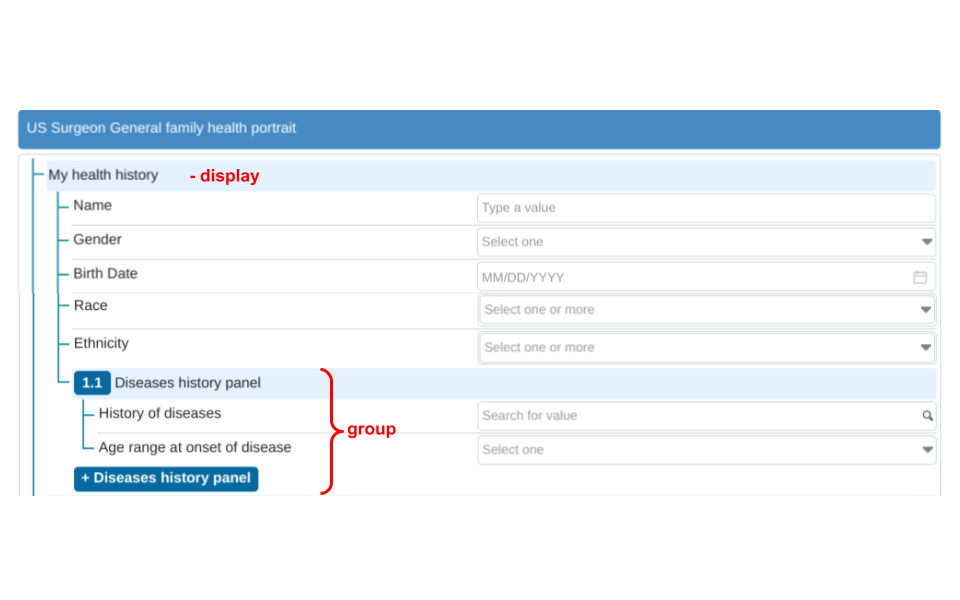 Display and group type elements in a questionnaire