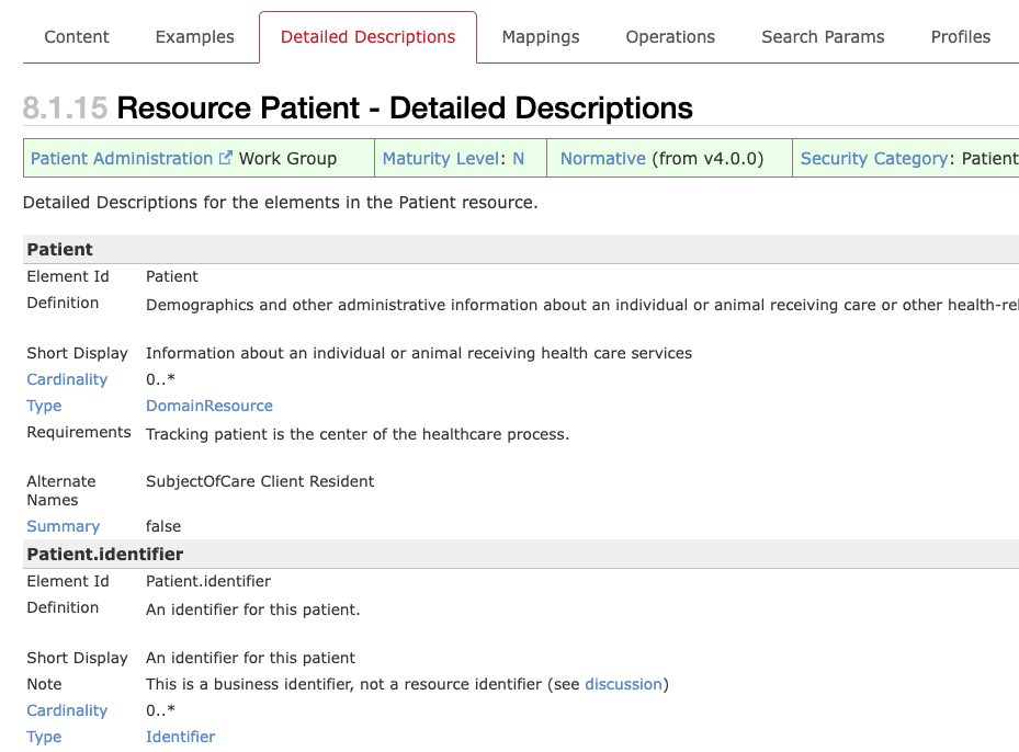 FHIR Patient Detailed Description tab